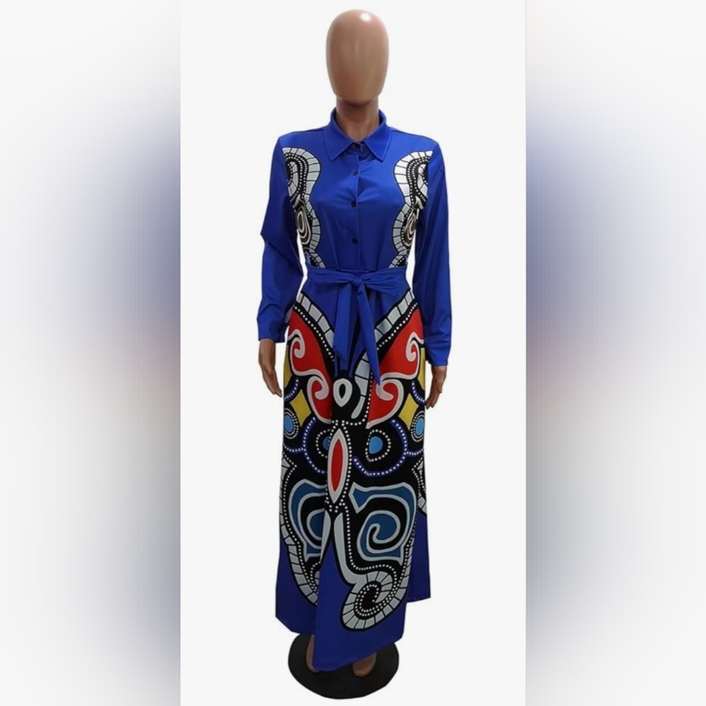 Blue and Multicolor Patterned Women's Dress